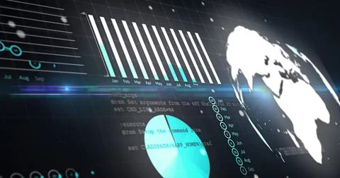 Digital dashboard streaming data at control hub, with bar chart, pie chart, code Illustrazione stock