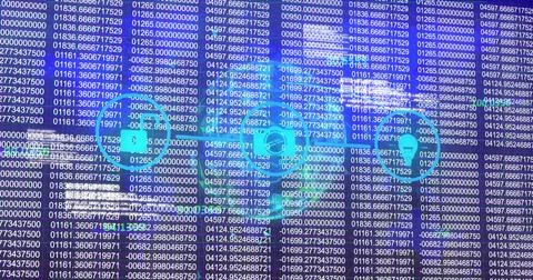 Digital dashboard streaming data on screen, with connected padlock, envelope and 写真素材