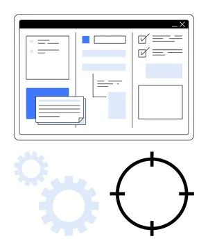 Digital dashboard with task cards, checkboxes, and text fields. Includes gear イラスト素材