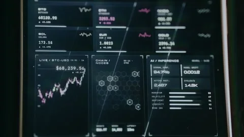 Digital dashboard tracking cryptocurrency market data, market metrics and Stock Footage 333840449