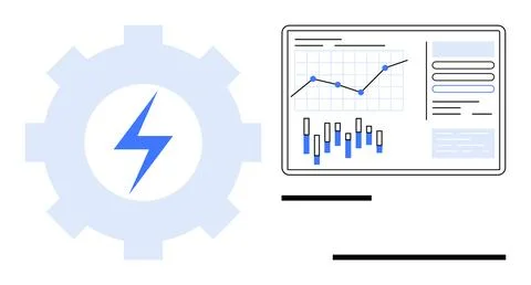 Digital Data Analysis with Blue Lightning Bolt Cogwheel and Analytical Grap.. Illustrazione stock
