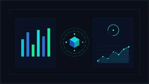 Digital data analysis dashboard with bar charts, line graphs, and cube UI e.. Stock Footage 348328569