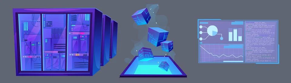 Digital data analysis dashboard, server room Stock Illustration