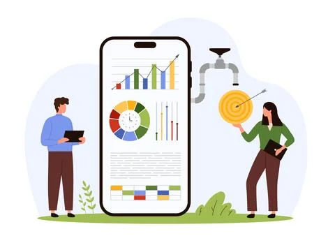 Digital data analysis, financial report assessment in mobile app for tiny people Illustrazione stock