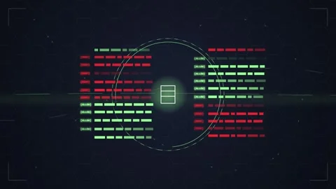 Digital Data Analysis: Futuristic Interface with Red and Green Bars, HUD El.. Stock Footage 348792134