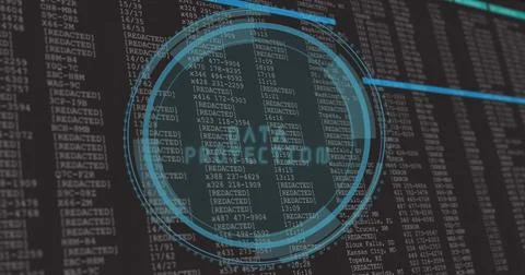 Digital data analysis image over redacted text and numbers on dark background Foto stock