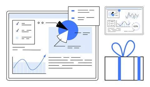 Digital data analysis involves charts, graphs, and analytics on a large scree Stock Illustration