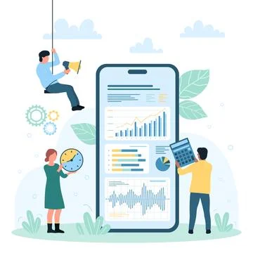 Digital data analysis, tiny people monitor graphs in application on mobile phone 스톡 일러스트