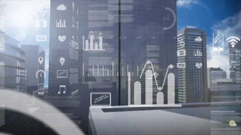 Digital data analytics animation over cityscape with modern buildings Stock Footage 305021542