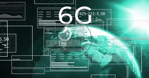 Digital data and 6G technology concepts over Earth in futuristic animation Stock Footage 303468387