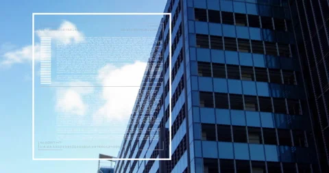 Digital data and algorithm animation over modern glass office building Vídeo Stock 303615850