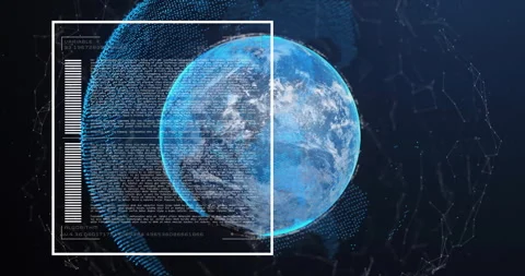 Digital data and algorithm animation over rotating Earth in space Video stock 306199690