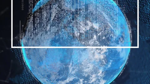 Digital data and algorithm animation over rotating Earth in space Video stock 312510302