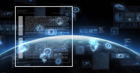 Digital data and algorithm text animation over Earth viewed from space Stock Footage 305527153
