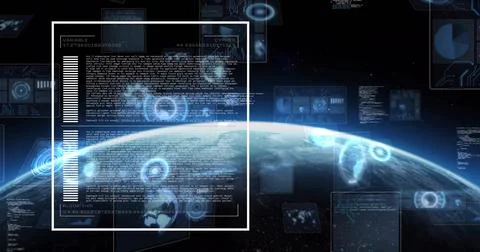 Digital data and algorithm text image over Earth viewed from space Stock Photos