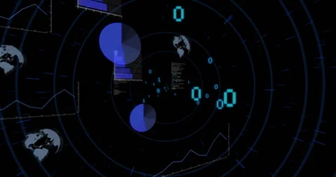 Digital data and binary code animation over rotating radar screen with world map Stock Footage 304479657