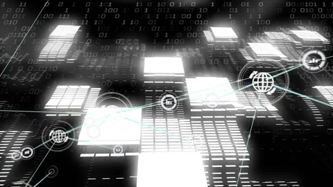 Digital data and binary code animation over abstract geometric shapes and grids 動画素材 305009570