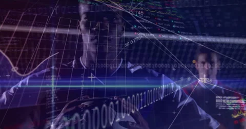 Digital data and binary code animation over people holding soccer ball Stock Footage 305781984