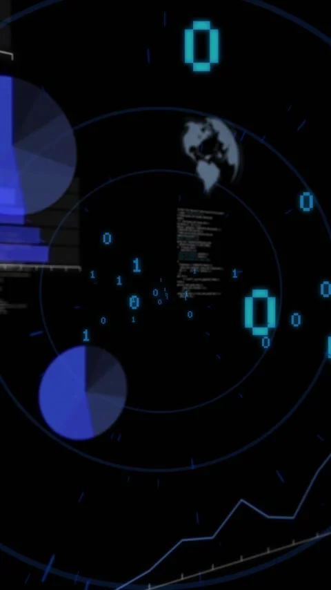 Digital data and binary code animation over rotating radar screen with world map Stock Footage 342034067