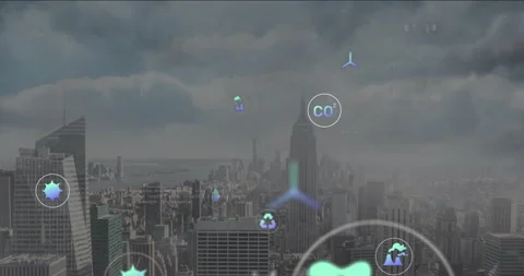 Digital data and code animations overlaying urban cityscape with skyscrapers Stock Footage 305829684