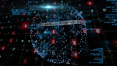 Digital data and code processing animation over rotating globe with numbers Stock Footage 306434027