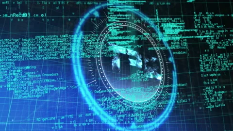 Digital data and coding animation over futuristic interface with circular Stock Footage 303675920