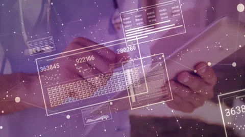 Digital data and coding animation over person using tablet with stylus Stock Footage 303841748