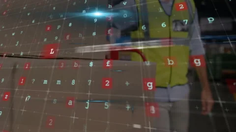 Digital data and coding animation over warehouse worker handling packages Stock-Footage 304191964