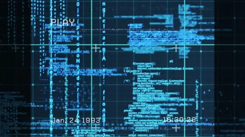 Digital data and coding animation with date and time overlay on screen Stock Footage 304203269