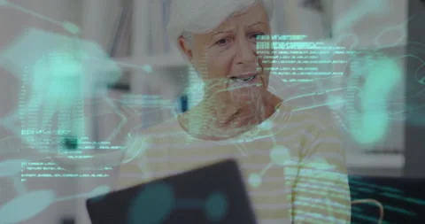 Digital data and coding animation over elderly woman using laptop Stock Footage 304867581