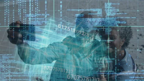 Digital data and coding animation over people interacting with virtual interface Stock Footage 305286240