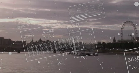 Digital data and coding animation over cityscape with river and Ferris wheel 動画素材 305883574