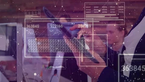 Digital data and coding animation over people working with technology in office Stock Footage 327646483