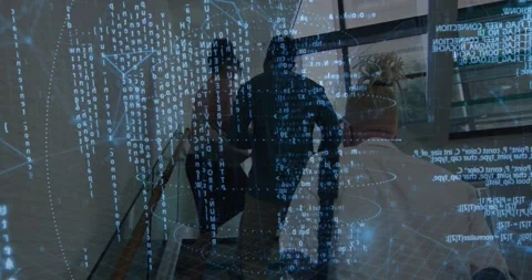 Digital data and coding animation overlaying people ascending staircase in Stock Footage 329167291