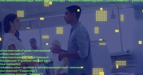 Digital data and coding image over business people shaking hands in office Stock Photos