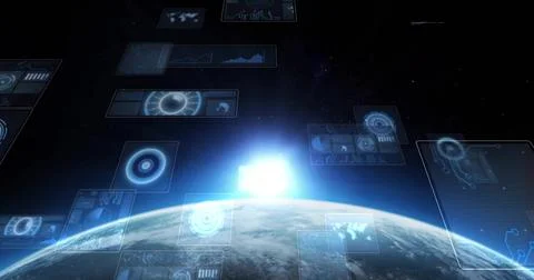 Digital data and futuristic interfaces over Earth from space Stock Illustration