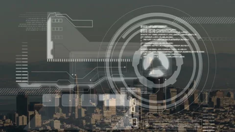 Digital data and holographic elements animating over cityscape with futuristic Stock Footage 304487202
