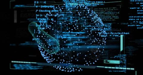 Digital data and molecular structure image over programming code and interface 스톡 일러스트