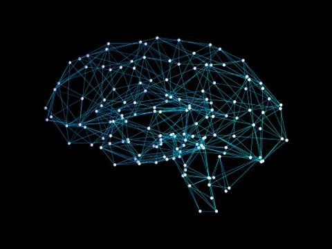 Digital data and network connection of human brain on black background in the Illustrazione stock