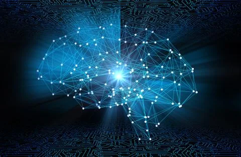 Digital data and network connection of human brain with flare light on black  Illustrazione stock
