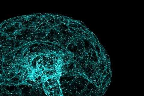 Digital data and network connection of human brain isolated on black backgrou Illustrazione stock