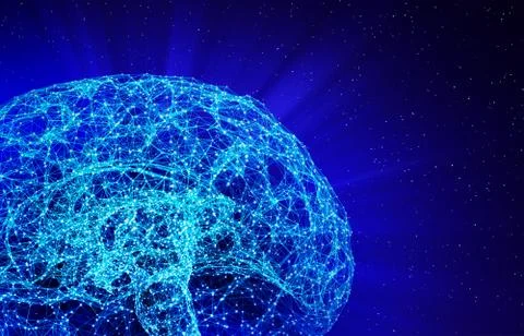 Digital data and network connection of human brain isolated on black backgrou Ilustración de archivo