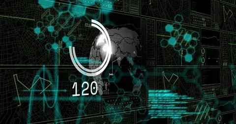 Digital data and network connections image over world map and graphs Foto stock