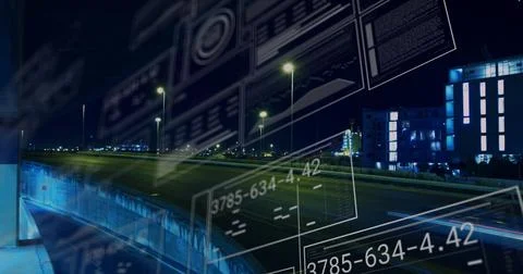 Digital data and schematics image over night cityscape with light trails Illustrazione stock