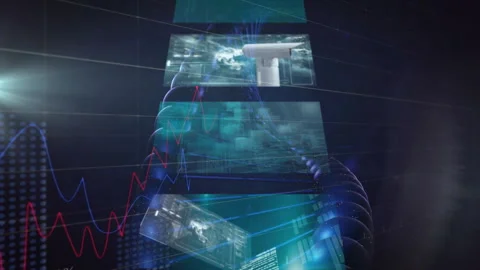 Digital data and security camera images overlaid with financial graph animation Stock Footage 303415073