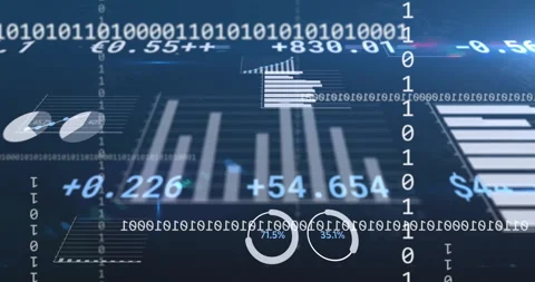 Digital data and statistics animation over bar graphs and binary code Video stock 306200555