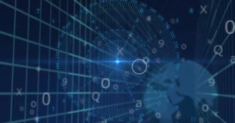 Digital data and technology icons image over blue background with numbers Foto stock