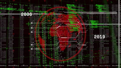 Digital data and world map animation with years 2004 and 2019 over binary code Stock Footage 304256525