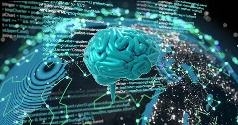 Digital data and world map, artificial intelligence brain representing global Foto stock