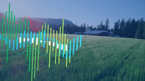 Digital data bars overlaying aerial farmland, showing red and cyan trend lines 스톡 동영상 308677749